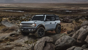 Pre-production 2021 Bronco four-door Badlands series with available Sasquatch™ off-road package in Cactus Gray in Johnson Valley, California.